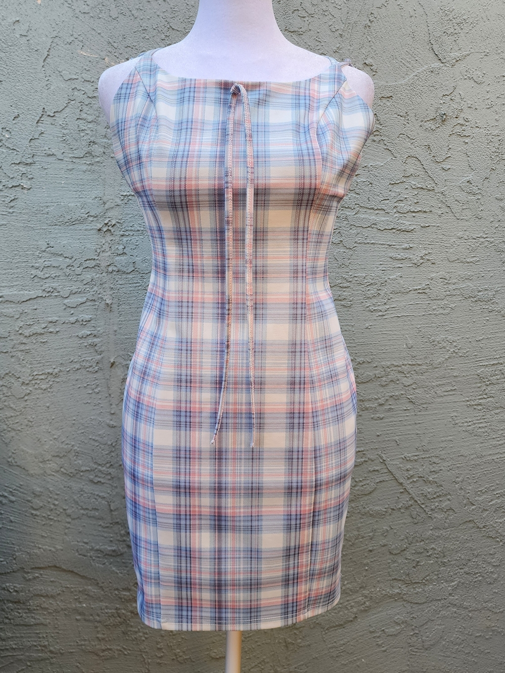 Papaya Plaid Mini Dress Blue Pink Pastel Tartan Bodycon Cami Keyhole Small